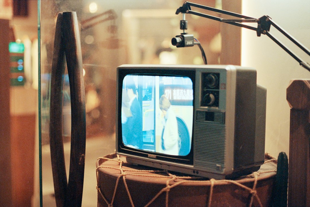 Television news studio set with anchor desk