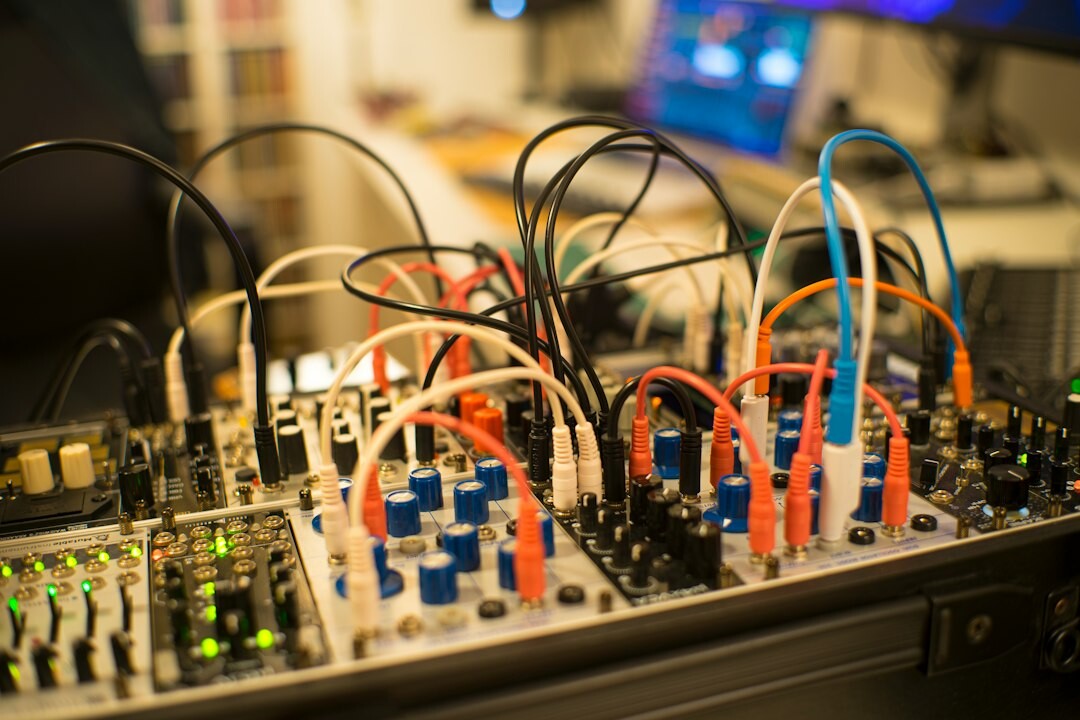 Rack of broadcast signal routing equipment with cables